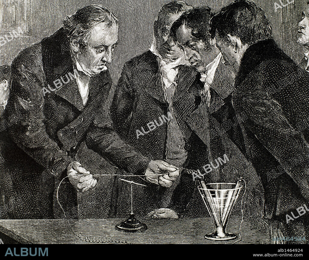 OERSTED, Hans Christian (Rudkobing,1777-Copenhague 1851). (s. XIX). Físico danés. Su opinión, favorable a la unidad de las fuerzas naturales, le permitió predecir, en 1813, la existencia del fenómeno electromagnético, el cual no pudo verificar experimentalmente hasta 1820. "HANS CHRISTIAN OERSTED DESCUBRE EL ELECTROMAGNETISMO". Grabado.