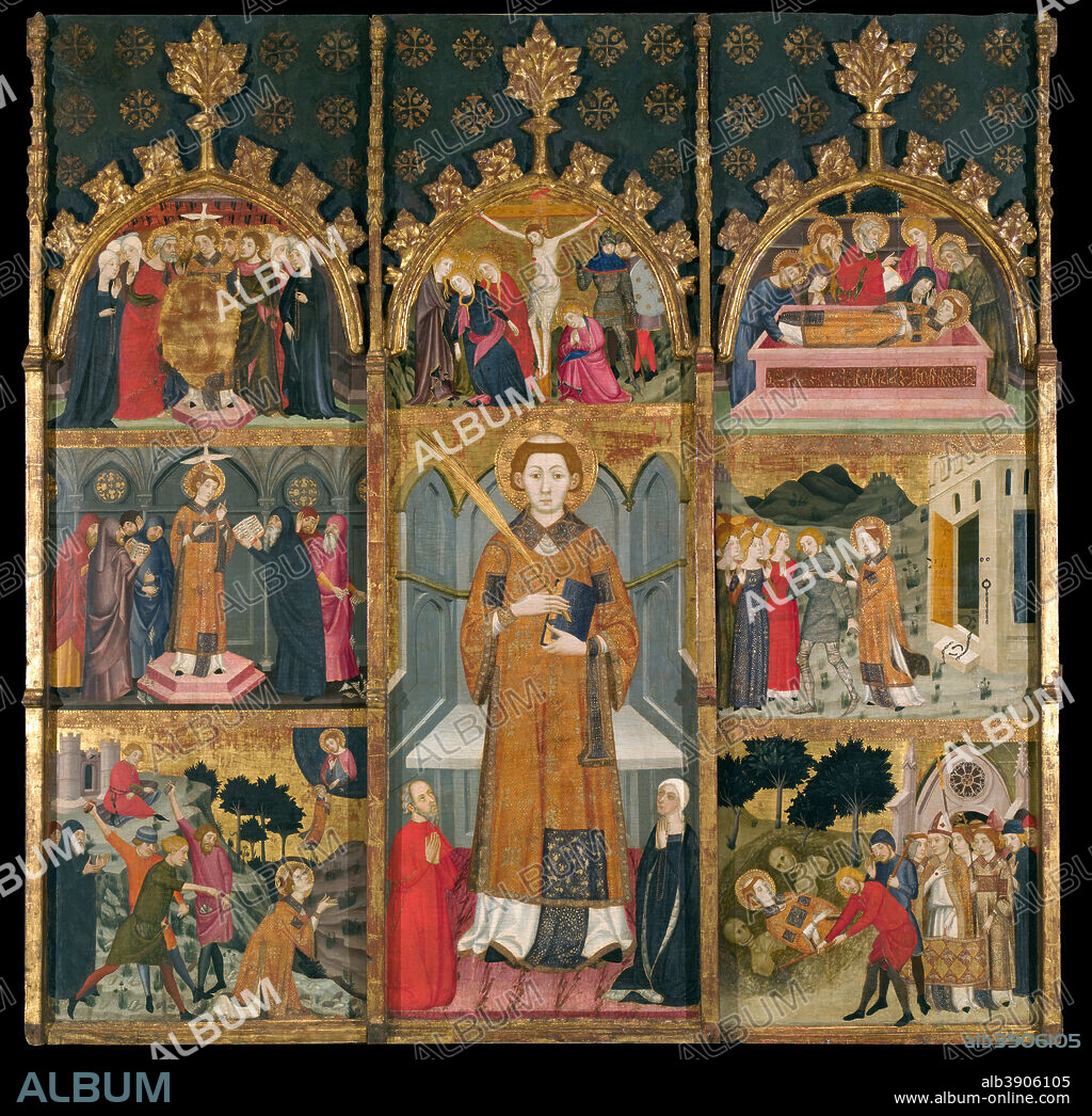 JAIME SERRA. Altarpiece of Saint Stephen. Date/Period: Ca. 1385. Painting. Tempera, gold leaf and metal plate on wood. Height: 1,857 mm (73.11 in); Width: 1,865 mm (73.42 in).