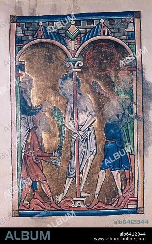 Buchmalerei, Frankreich, 13. Jahrhundert.-Die Geißelung Christi.-/ Aus dem sogenannten "Psalter der Margarete von Burgund". Auf Pergament, 210 x 140 mm. Ms. 1273, fol. 13.