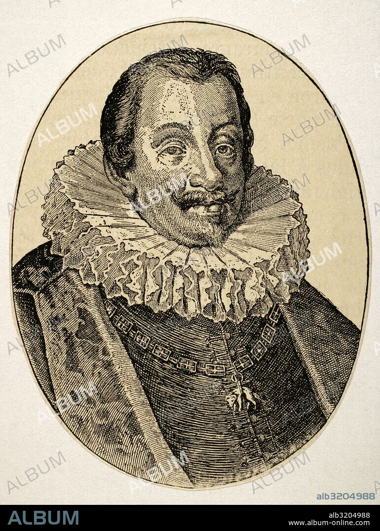 Fernando II de Habsburgo (1578-1637). Emperador del Sacro Imperio Romano Germánico (1619-1637). Devoto de la iglesia Católica. Retrato. Grabado por C. Dank. Historia Universal, 1881.