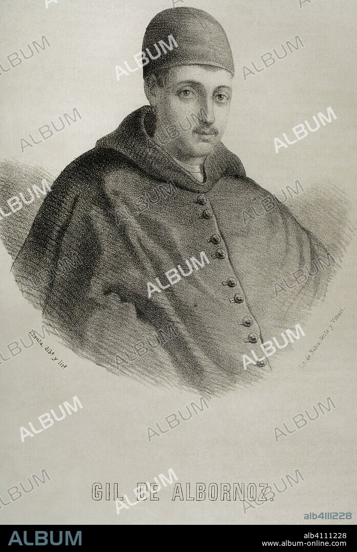 Egidio Alvarez de Albornoz y Luna (Cuenca, 1302-Viterbo, 1367), conocido por Gil de Albornoz. Arzobispo de Toledo (1338-1350) y cardenal de la Iglesia Católica desde 1350. Canciller Mayor de Castilla. Dibujo por Llanta. Litografía. Retrato. Crónica General de España, Historia Ilustrada y Descriptiva de sus Provincias. Castilla-La Nueva, 1869. Biblioteca Histórico Militar de Barcelona. Cataluña, España.