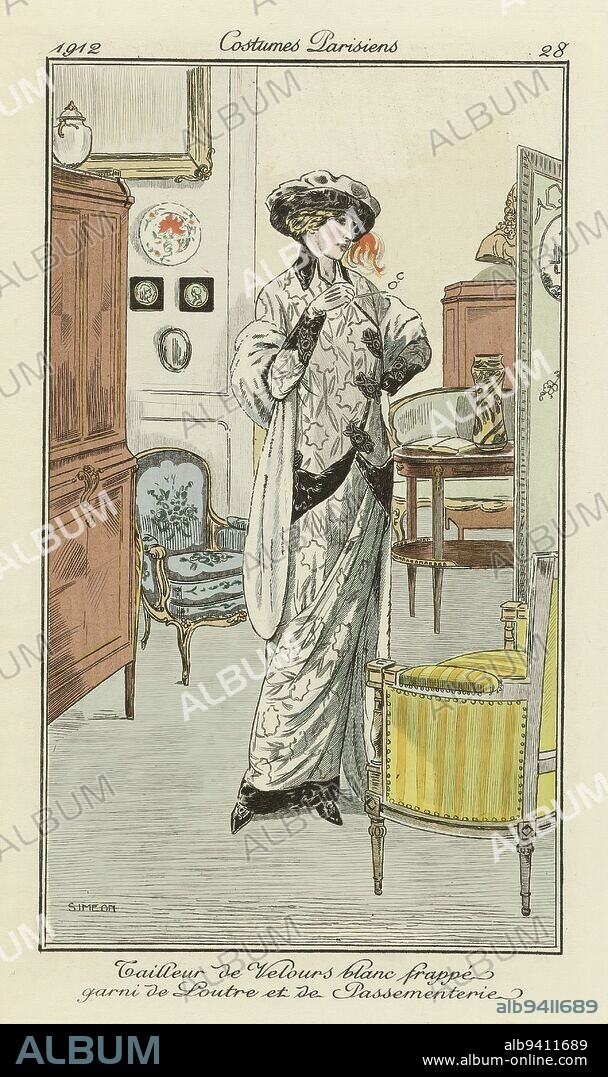 Journal des Dames et des Modes, Costumes Parisiens, 1912, No. 28 : Tailleur de Velours (...), Woman in interior, in a coat suit of white pressed velvet decorated with otter fur and passementerie. Print from the fashion magazine Journal des Dames et des Modes (1912-1914)., after design by: Fernand Siméon, (mentioned on object), print maker: anonymous, Paris, 1912, paper, engraving, height 180 mm × width 110 mm.