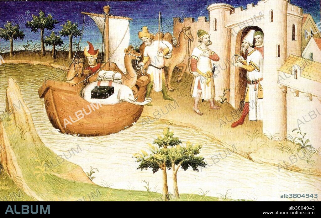 Marco Polo with elephants and camels in the Gulf of Persia from India. Miniature from the book, The Travels of Marco Polo. Marco Polo (1254-1324) was a Venetian merchant traveler and the most famous Westerner to have traveled on the Silk Road. He excelled all the other travelers in his determination, his writing, and his influence. His journey through Asia lasted 24 years. He reached further than any of his predecessors, beyond Mongolia to China. He became a confidant of Kublai Khan (1214-1294). He traveled the whole of China and returned to tell the tale, which became the greatest travelogue, called The Travels of Marco Polo, that spilled over with sex, violence, suspense, exotic lands, strange people, bizarre practices, eluding marauders, surviving shipwrecks and crossing treacherous deserts. In 1323, Polo was confined to bed, due to illness. He died in January of 1324.