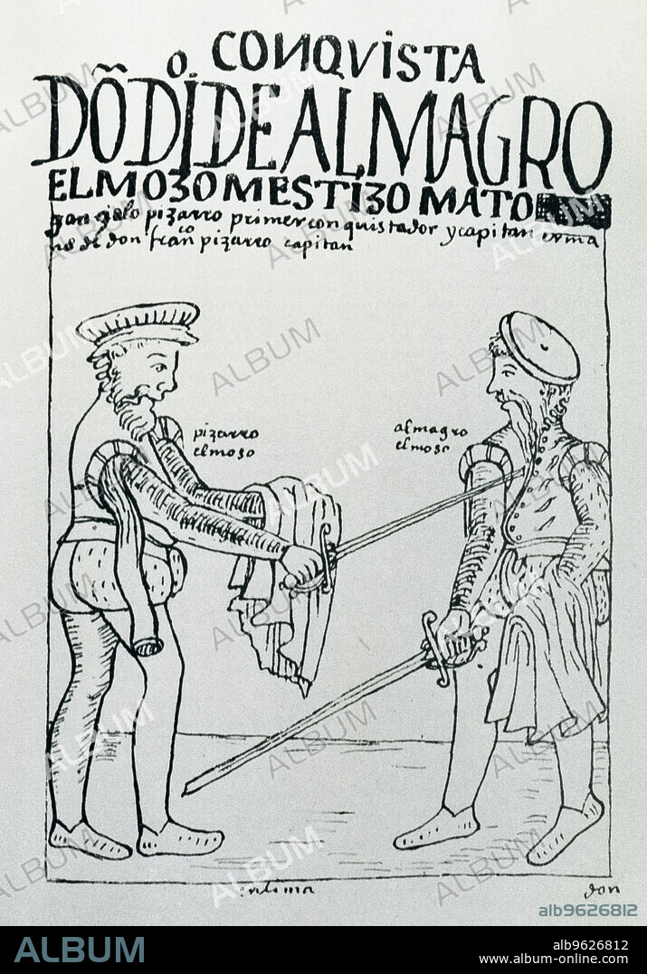 Gonzalo de Pizarro kills Diego de Almagro after defeating him in the battle of Salinas, illustration from the book 'Nueva Crónica y Buen Gobierno', story of the Incas.