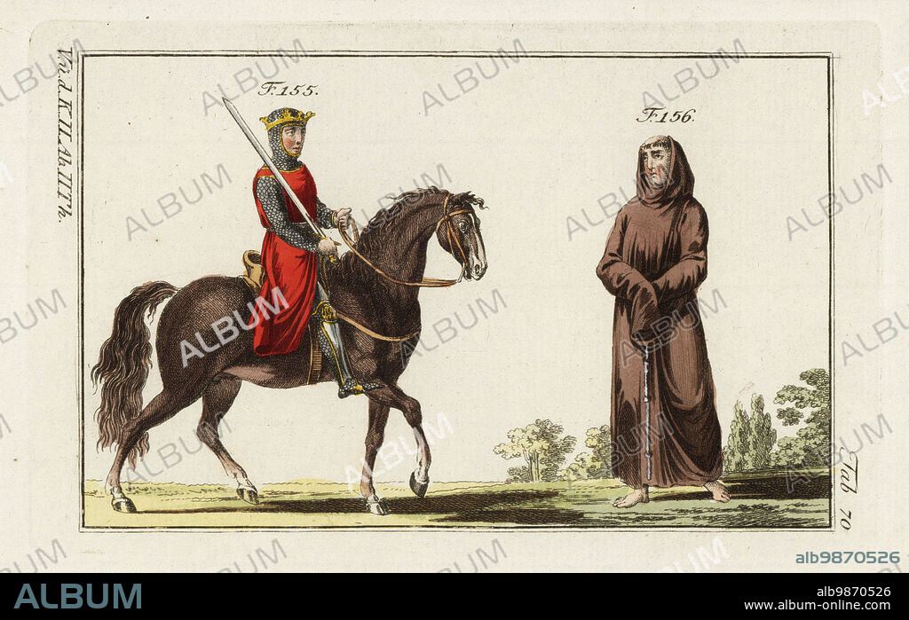 Norman king on horseback and monk, 12th century. The king wears a crown over a chainmail suit of armour with hood or coif, crimson surtout and sword 155. The Norman monk wears a brown hooded cassock 156. Handcolored copperplate engraving from Robert von Spalart's Historical Picture of the Costumes of the Principal People of Antiquity and Middle Ages, Vienna, 1802.