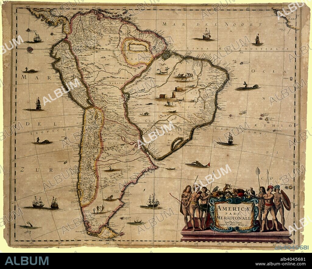 Americae pars meridionalis. Mapa de América Latina en grabado calcográfico y coloreado, realizado por Henrici Hondius (siglo XVII). Editado en Amsterdam, años 1640.