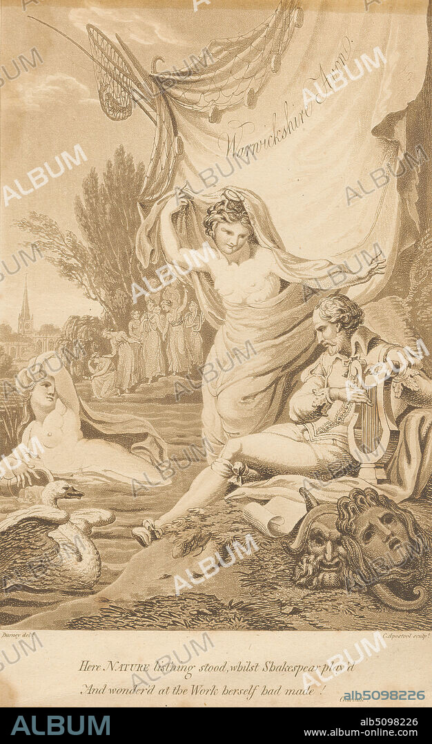 Here Nature List'ning Stood, Print made by Cornelis Apostool, 17621844, Dutch, after Edward Francis Burney, 17601848, British, Published by Samuel Ireland, active 1760died 1800, British, 1795, Aquatint and etching on moderately thick, slightly textured, cream wove paper, Sheet: 9 x 5 15/16 inches (22.8 x 15.1 cm) and Image: 7 3/8 x 5 1/8 inches (18.7 x 13 cm), beard, breeches, church, comedy, costume, curtain, doublet, drapery, fish, frontispiece (illustration), literary theme, lyre, man, masks, moustache, nets, nudes, personification, river, riverbanks, scroll (information artifact), shore (landform), steeple, swan, togas, tragedy, trees, women, Avon, England, Europe, United Kingdom, Warwickshire.