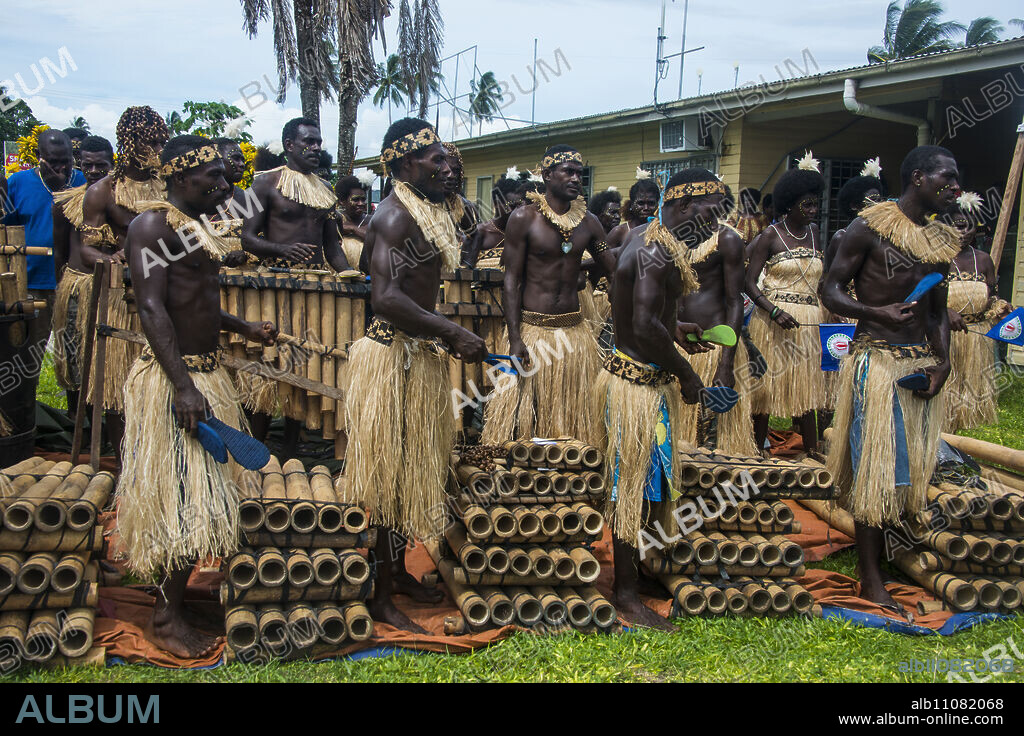 Bamboo band traditionally dressed, Buka, Bougainville, Papua New Guinea, Pacific.