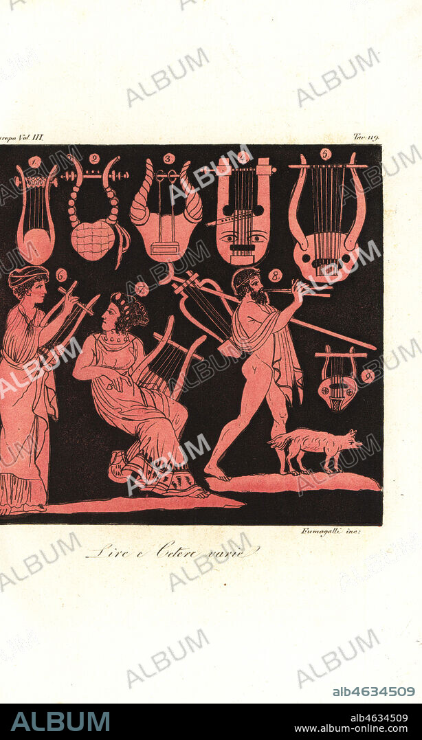 Types of Greek lyres 1-5, 9, woman playing kithara or zither 6,7, and man playing aulos or tibia from ancient Greek vases. Handcoloured copperplate engraving by Fumagalli from Giulio Ferrario's Costumes Ancient and Modern of the Peoples of the World, Florence, 1847.