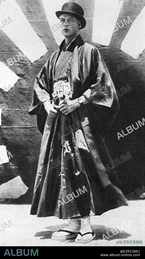 The Prince of Wales in Japanese costume, Japan, 1922. The future King Edward VIII during a royal visit. Illustration from George V and Edward VIII, A Royal Souvenir, by FGH Salusbury, a souvenir book published as Edward VIII was crowned following the death of his father, George V, (Daily Express Publication, London, 1936).