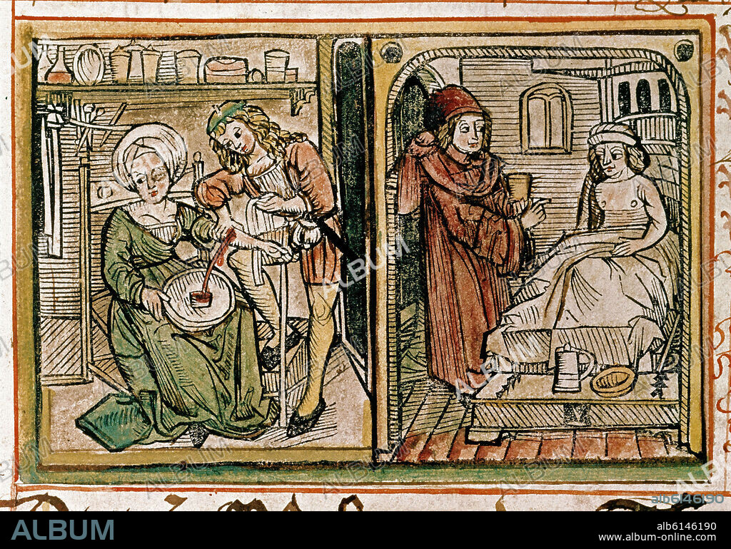 PAGINA MINIADA DE LIBRO DE MEDICINA (SANGRIA Y VISITA DEL MEDICO) 1498/1503.