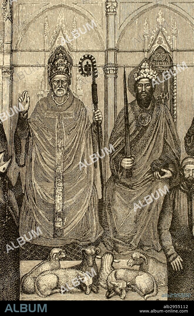 Pope Benedict XI (1240-1304) and Emperor Charles IV (1316-1378). Detail of Militant Church and Triumphant Church. Engraving after the fresco by Andrea Bonaiuto., 14th century. Spanish Chapel. Basilica of Santa Maria Novella (Florence, Italy).