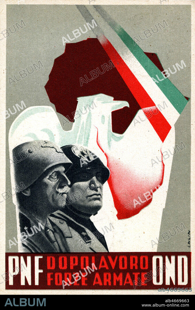 PNF OND Dopolavoro forze armate. (VICTOR EMMANUEL III (1869-1947) et Benito MUSSOLINI (1883-1945) sur fond d'Afrique. Illustration de LALIA pour une carte postale italienne envoyee en 1941. Credit : IM/Kharbine-Tapabor.