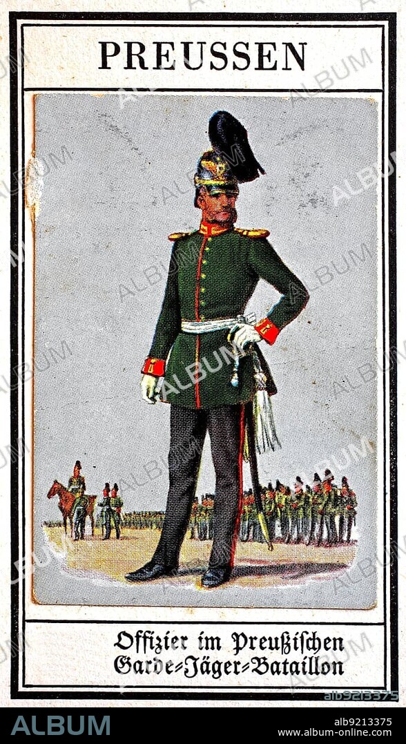 German Uniforms of the 19th century, Guard, Infantry: Prussia, Officer in the Prussian Guard Jaeger Battalion, Historical, digitally restored reproduction of a public domain collector's picture from the early 20th century