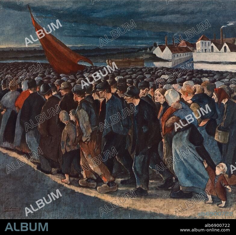 Société / Problèmes sociaux : grève. - 'Le soir de la grève'. - Peinture, 1893 de Eugène Laermans (1864- 1940). Huile sur toile, H. 1,06 ; L. 1,15. Bruxelles, Musées Royaux des Beaux-Arts.