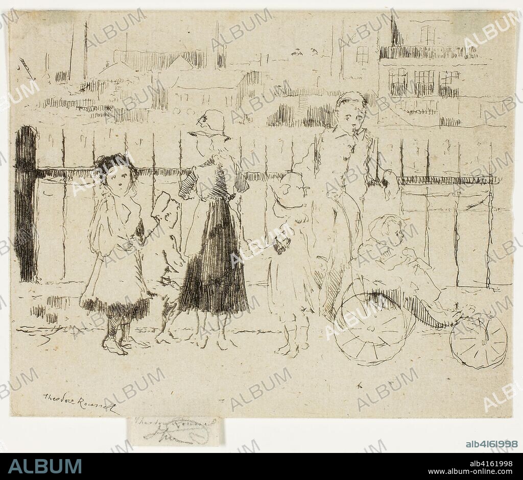 THéODORE ROUSSEL. Events Over the Railings, Chelsea Embankment. Theodore Roussel; French, worked in England, 1847-1926. Date: 1888-1889. Dimensions: 95 × 117 mm (image/plate); 99 × 117 mm (sheet). Etching in black on ivory laid paper. Origin: England.