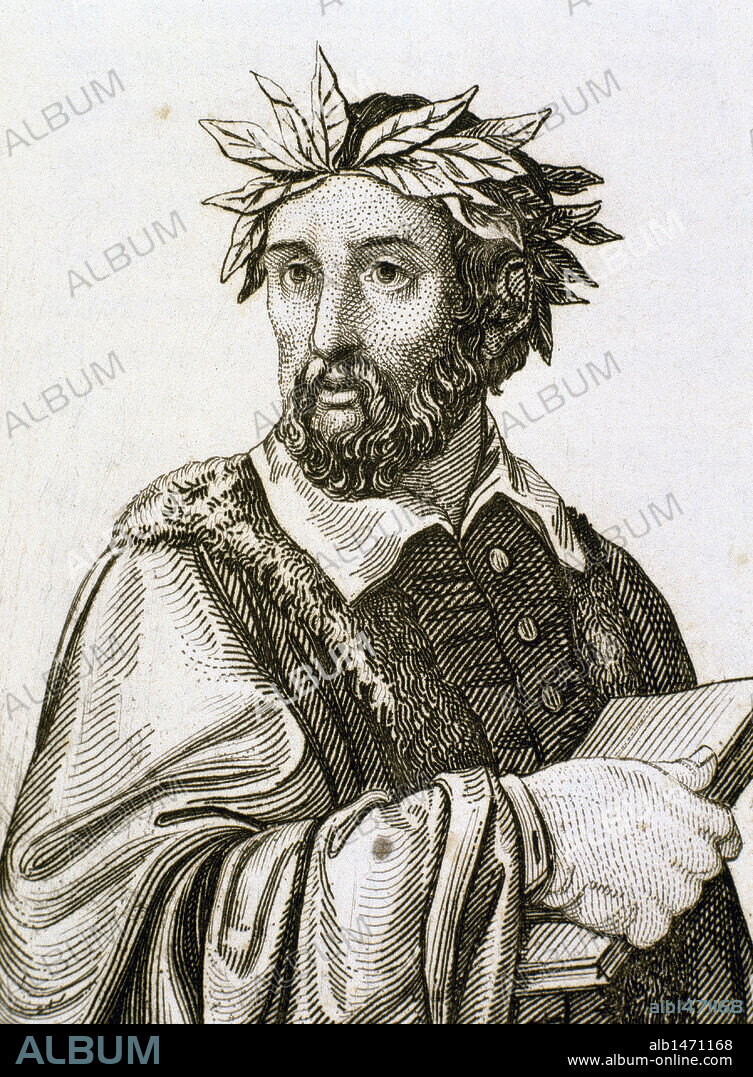 TASSO, Torquato (Sorrento,1544-Roma,1595). Poeta italiano. Autor de la monumental epopeya "Gerusalemme Liberata" (1581), una de las obras cumbre de la literatura italiana, donde el poeta narra las proezas de Godofredo de Bouillon en la I cruzada contra los musulmanes. Grabado del siglo XIX.