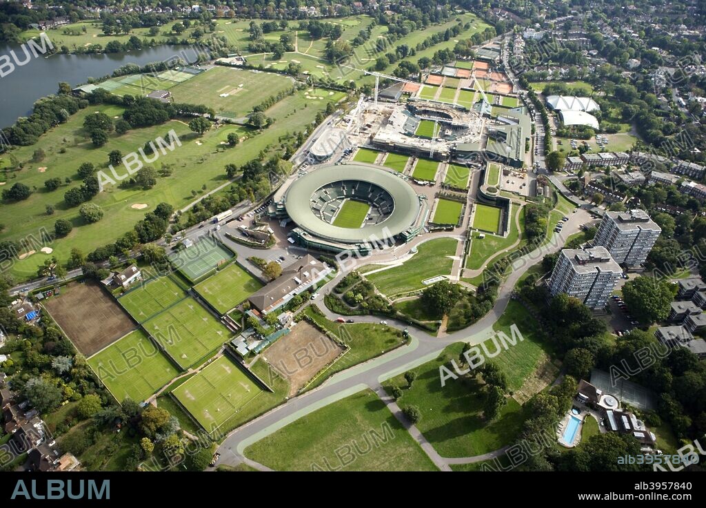 All England Lawn Tennis and Croquet Club, Wimbledon, London, 2006.  An aerial view of the site showing the re-development of Centre Court under construction.