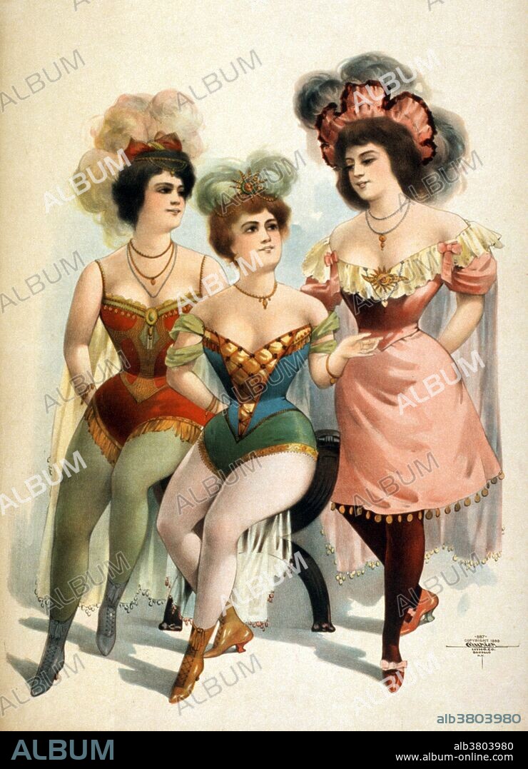Entitled: "Three women in tights and feathers" lithograph poster created by Courier Litho. Company, 1899. American burlesque is a variety show derived from elements of Victorian burlesque, music hall "leg shows" and minstrel shows. American burlesque adopted the minstrel show's three part structure: part one was composed of songs and dances rendered by a female company, interspersed with low comedy from male comedians. Part two featured various short specialties and vaudeville acts in which the women did not appear. The show's finish was a grand finale. By the 1880s, the four distinguishing characteristics of American burlesque had evolved: 1) minimal costuming, often focusing on the female form, 2) sexually suggestive dialogue, dance, plot lines and staging, 3) quick-witted humor laced with puns, but lacking complexity, and 4) short routines or sketches with minimal plot cohesion across a show. Much of the humor and entertainment of later American burlesque focused on lowbrow and ribald (lewd) subjects. The uninhibited atmosphere of burlesque establishments owed much to the free flow of alcohol.