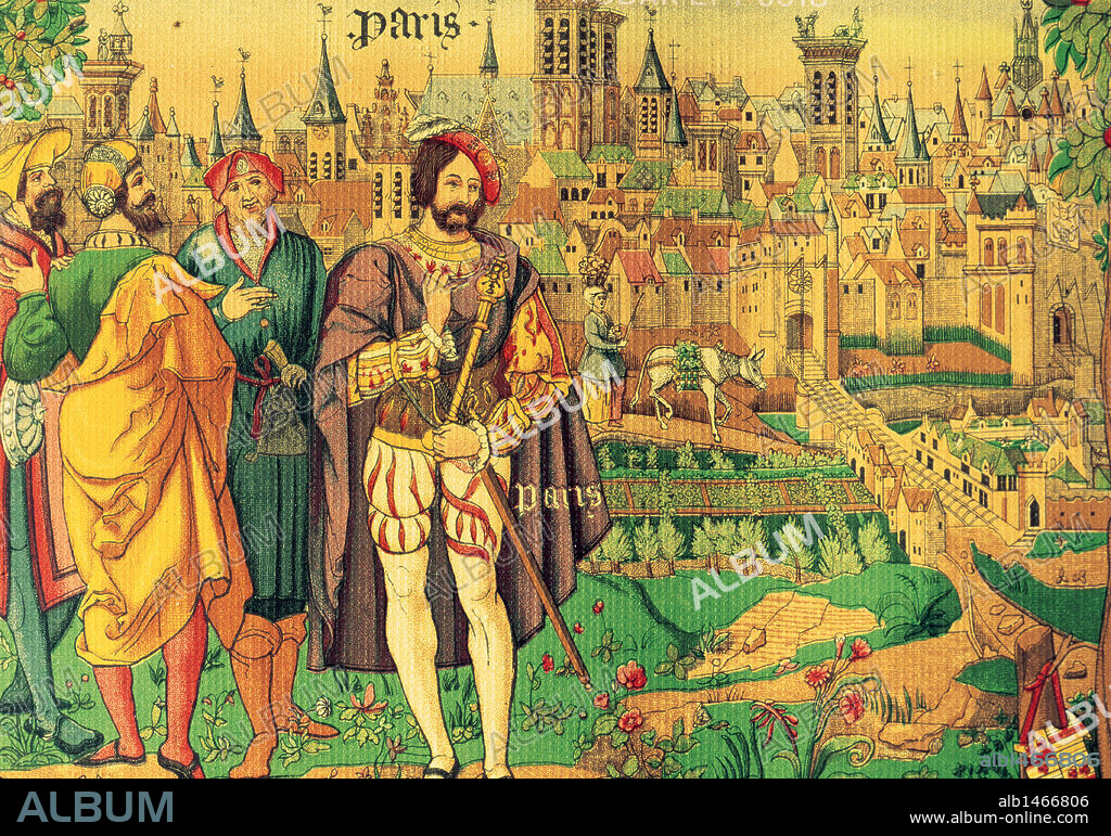Foundation of Paris., France. Facsimile from an earlier Beauvais Tapestry depicting the town during the 15th century, by Franz Kellerhoven, 1870. The Arts of the Middle Ages at the Period of the Renaissance, by Paul Lacroix. London, 1870.