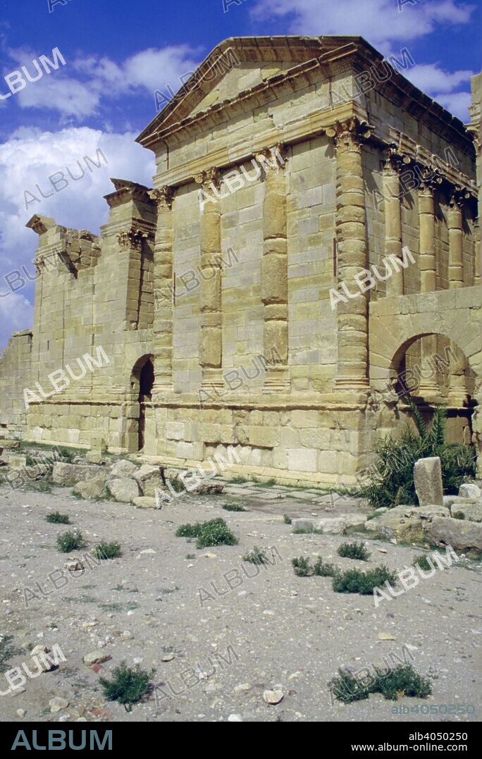 Back of temples, Sbeitla, Tunisia. Sbeitla is the site of the Roman city of Sufetula. It had three temples, dedicated to the gods Jupiter, Juno and Minerva.