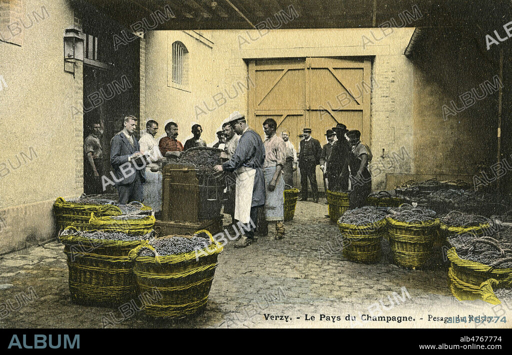 'Verzy - Le pays du champagne - Pesage du raisin'. Photographie anonyme pour une carte postale vers 1905. Credit : Collection IM/KHARBINE-TAPABOR.