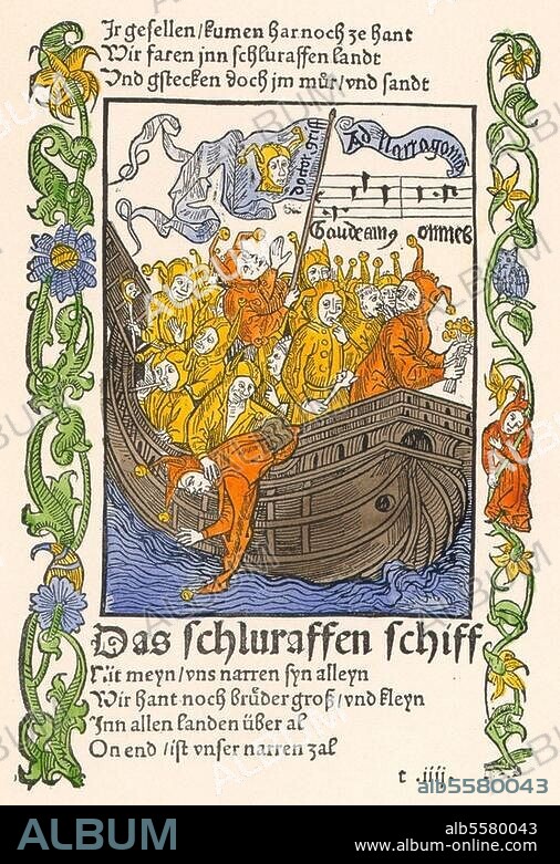 Brant, Sebastian; Dichter und Humanist. um 1457/58 - 1521. Werke: Das Narrenschiff. "Das schluraffen schiff". Holzschnitt, koloriert, Albrecht Dürer. (1471-1528) zugeschrieben. Gedruckt bei Johann Bergmann von Olpe, Basel 1494.