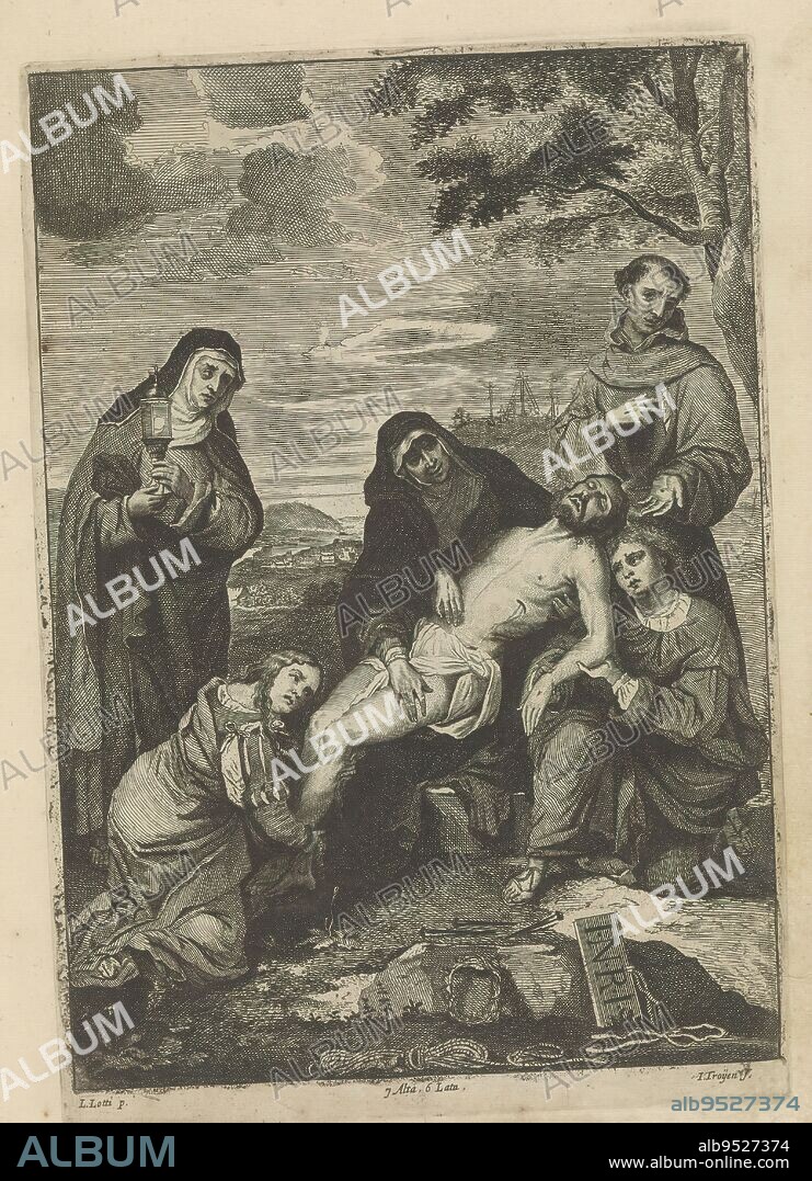 Lamentation of Christ, Mary and John the Evangelist support the body of Christ. On the left, St. Clare stands with a monstrance. Mary Magdalene kneels and holds his lower legs. On the right, St. Francis of Assisi stands with the stigmata. In front are the instruments of the passion. This print is part of an album., print maker: Jan van Troyen, (mentioned on object), after painting by: David Teniers, after painting by: Lorenzo Lotto, (mentioned on object), print maker: Southern Netherlands, (possibly), after painting by: Southern Netherlands, after painting by: Italy, publisher: Brussels, 1660, paper, etching, engraving, height 306 mm × width 211 mm.