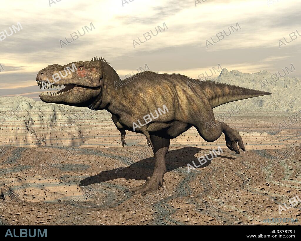 Tyrannosaurus Rex dinosaur running across rocky terrain.