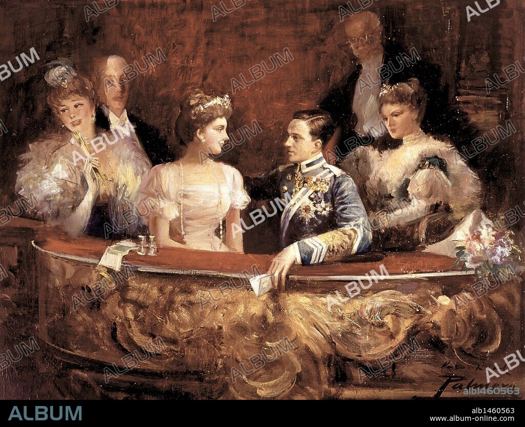 ALFONSO XIII. REY DE ESPAÑA . MADRID . 1886 / 1941. " JUNTO A SU ESPOSA VICTORIA EUGENIA DE BATTEMBERG EN EL TEATRO REAL ". OLEO DEL MAESTRO PALMERO. . . ATENCION: AUTOR CONTEMPORANEO SUJETO A COPYRIGHT ©. EL CLIENTE FINAL ES RESPONSABLE DE LA GESTION DE LOS DERECHOS DE AUTOR CON LAS SOCIEDADES EXISTENTES DE GESTION DE DERECHOS O DIRECTAMENTE CON LOS ORGANISMOS TITULARES DE LOS MISMOS.