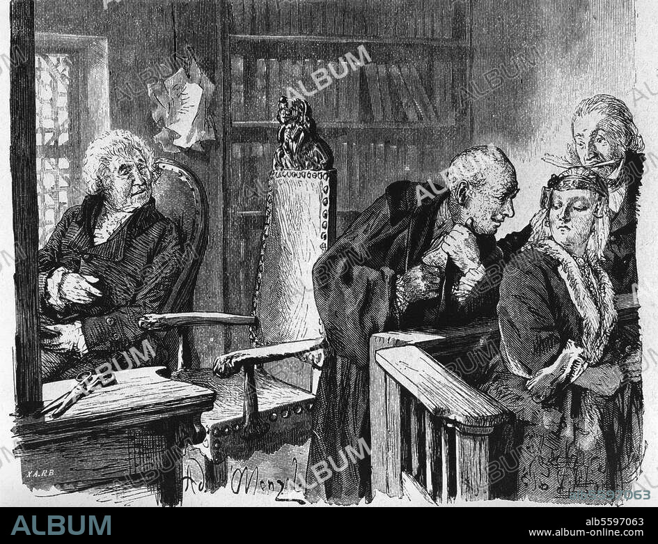 Kleist, Heinrich von; Dichter; 1777-1811. / Werke: Der zerbrochene Krug (Komödie, 1803). Gerichtsszene. Holzstich nach Zeichnung, 1876, v. Adolph Menzel (1815-1905). Aus: H. v. Kleist, Der zerbrochene Krug. Eingel. v. F.Dingelstedt, Berlin (Hofmann & Co), 1877.