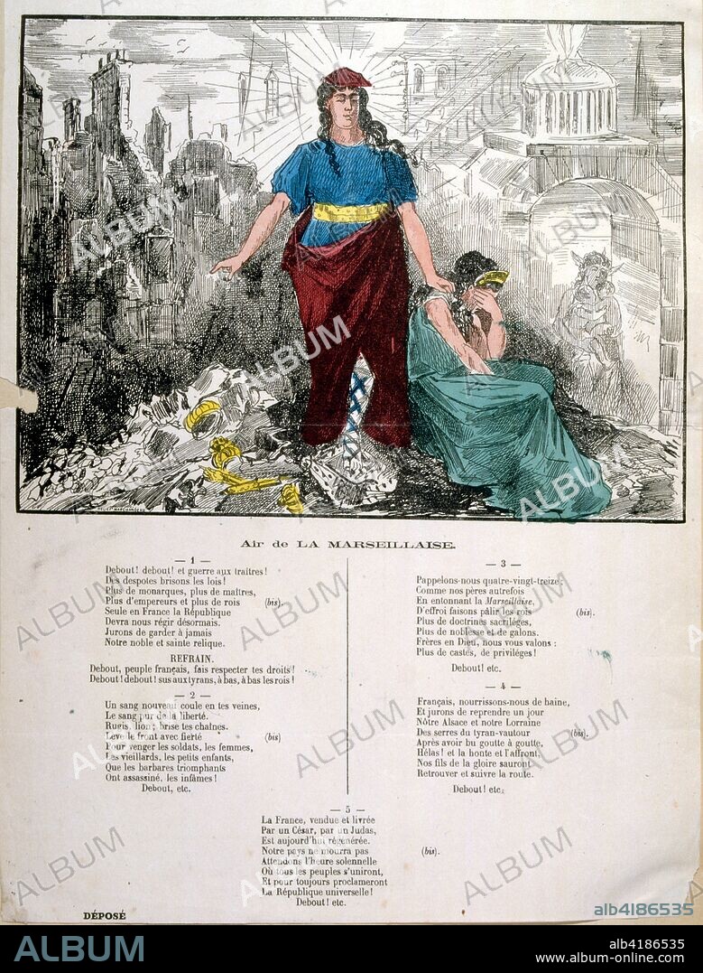 French revolutionary illustration and words for 'La Marseillaise' 1795. Lyrics by Claude Joseph Rouget de Lisle, 1792 with Music by Claude Joseph Rouget de Lisle. "La Marseillaise" is the national anthem of France. The song was written in 1792 by Claude Joseph Rouget de Lisle in Strasbourg after the declaration of war by France against Austria, and was originally titled "Chant de guerre pour l'Armée du Rhin" ("War Song for the Rhine Army").