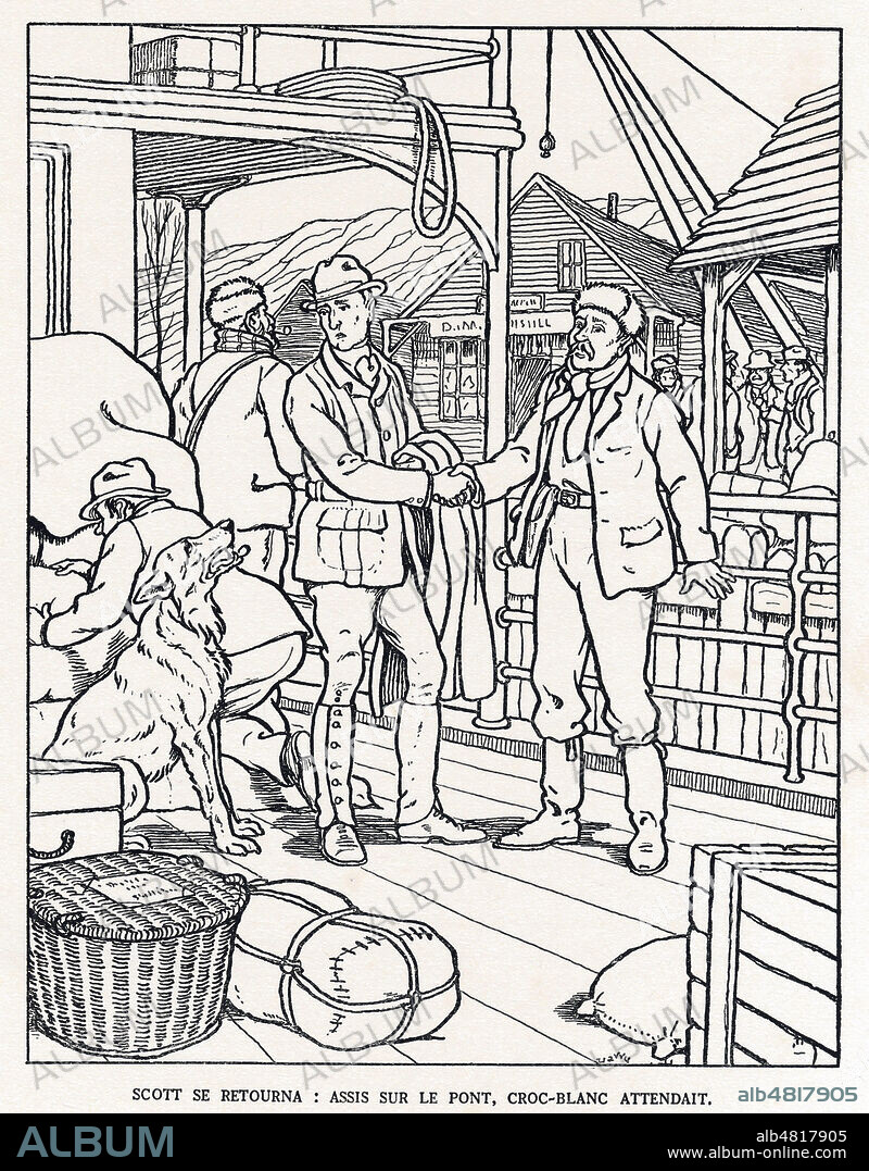 Scott se retourna : assis sur le pont, Croc-Blanc attendait (Chap. XXI). Illustration de 1935 par Harry ELLIOT (1882-1959) pour Croc-Blanc de Jack LONDON (1876-1916). ADAGP. Credit : Collection Dom/Kharbine-Tapabor.