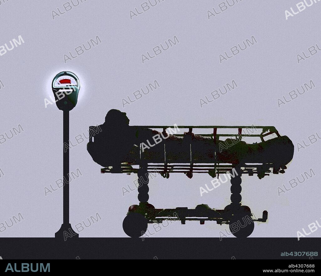 Man lying in hospital trolley bed next to parking meter with time run out.