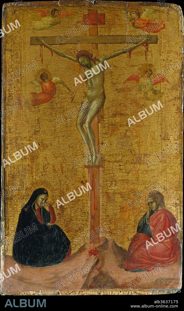 The Crucifixion. Artist: Bernardo Daddi (Italian, Florence (?) ca. 1290-1348 Florence). Dimensions: Overall 18 1/4 x 11 3/8 in. (46.4 x 28.9 cm); painted surface 17 1/2 x 11 3/8 in. (44.5 x 28.9 cm). Date: ca. 1325-30.

Although damaged in part, this <i>Crucifixion</i> is an important early work attributed to Bernardo Daddi, one of the principal painters of Florence. Dating perhaps to about 1320, it may have formed one wing of a diptych for private devotion. The poses of the two seated figures are based on Roman sculptural prototypes and are particularly beautiful. Their solidly conceived forms and grave expressions are a testament to the example of Giotto.