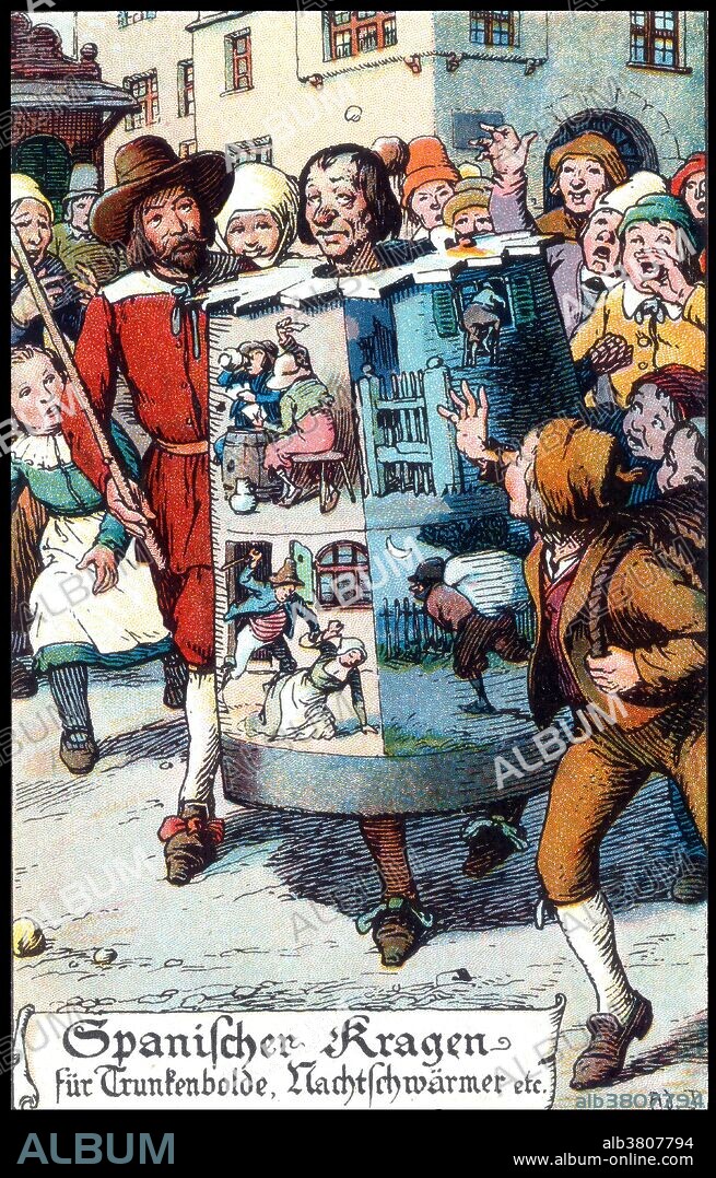 German postcard depicting medieval punishment for drunkeness or debauchery. A Drunkard's cloak was a type of pillory used in various jurisdictions to punish miscreants. The drunkard's cloak was actually a barrel, into the top of which a hole was made for the head to pass through. Two smaller holes in the sides were cut for the arms. Once suitably attired, the miscreant was paraded through the town, effectively pilloried. Ernest Nister (1841-1906) was a publisher and printer of movable books for children and paper ephemera such as greeting cards, post cards, and calendars. He refined the techniques used in the design of magic windows, dissolving picture, and pop-up books, publishing them from his firm based in Nuremberg, a toy-making center of the 19th century. Reprinting, Nuremberg, 1910.