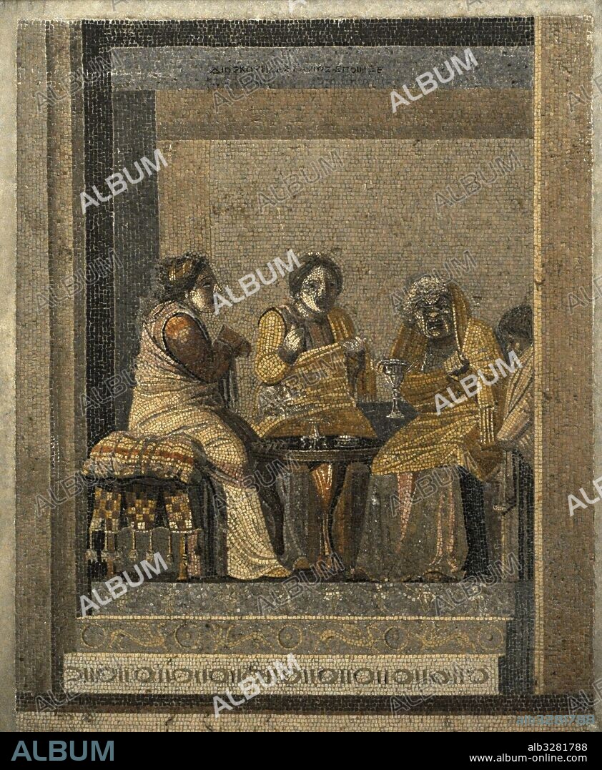 Mosaico romano. Escena de actores teatrales: la consulta con la hechicera. Autor Dioscuride de Samos. Pieza procedente de la casa de Ciceron, Pompeya. Siglo II a. C. Colección Mosaicos. Museo Arqueológico Nacional. Nápoles. Italia.