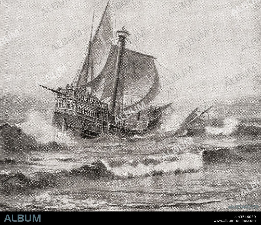 The wreck of Columbus's ship the Santa María, 25 December, 1492, off the coast of the island of Hispaniola. The Santa Maria was the largest of the three ships used by Christopher Columbus in his first voyage. From The History of Our Country, published 1899.