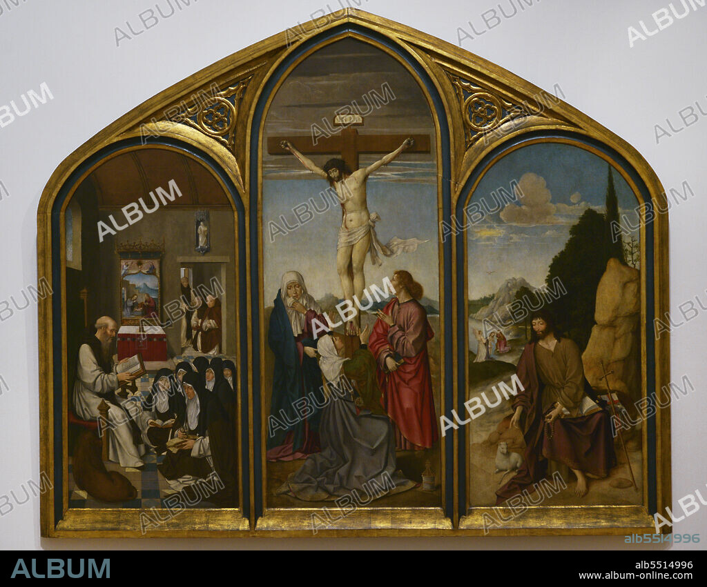FREI CARLOS. PORTUGUESE RENAISSANCE PAINTER. ACTIVE FROM 1517 TO 1540.. Frei Carlos. Portuguese Renaissance painter, active from 1517 to 1540. The Calvary Triptych, 1520-1530. The Calvary, the Baptism of Jesus (on the right) and The Profession of St. Paula, the transmission of the rule of St. Jerome to St. Paula and her companions, consecrating her adoption into the bosom of the Hieronymite monastic order (on the left). Oil on oak panel. National Museum of Ancient Art. Lisbon, Portugal.