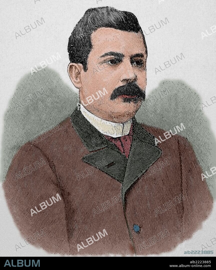 Juan Isidro Jimenes Pereyra (1846-1919) Dominican political. President of the Dominican Republic between 1899-1902 and 1914-1916. Engraving. "La Ilustracion Artistica",1899. Colored.
