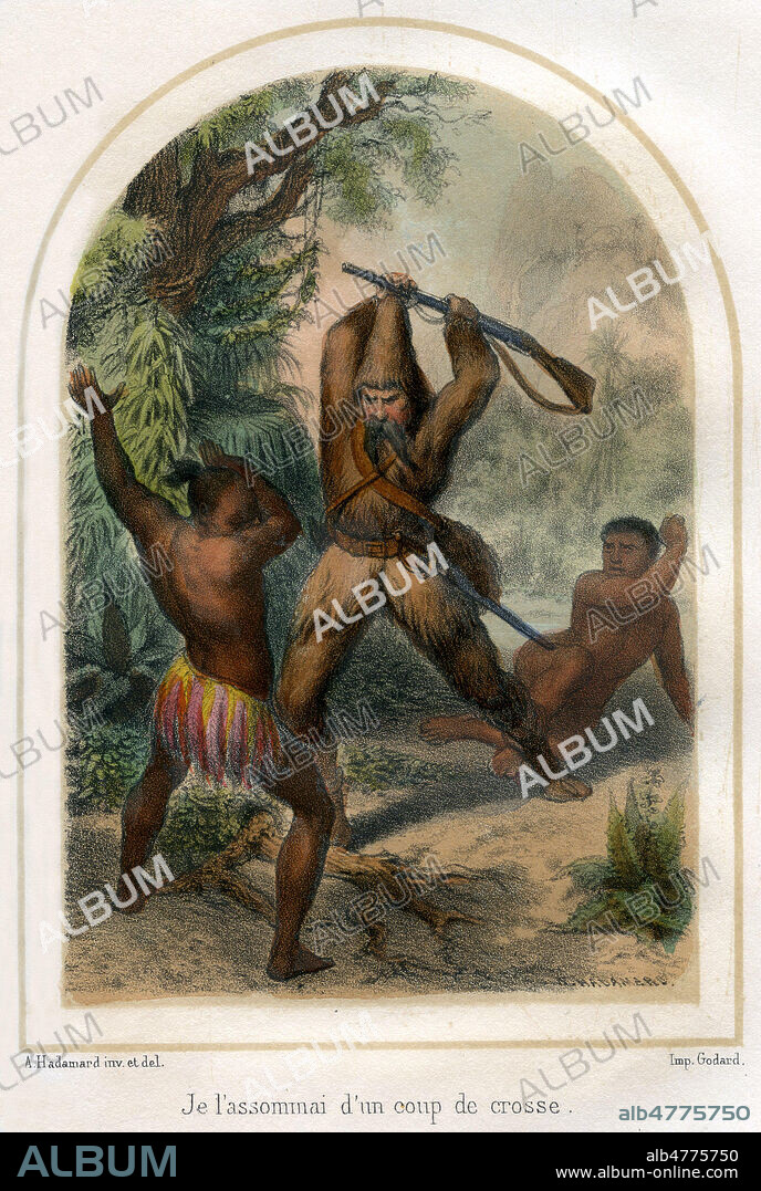 Je l'assommai d'un coup de crosse. Illustration de 1860 par Auguste HADAMARD (1823-1886) pour Aventures de Robinson Crusoe d'apres Daniel DEFOE (1660-1731). Cedit : Coll. Jonas/Kharbine-Tapabor.