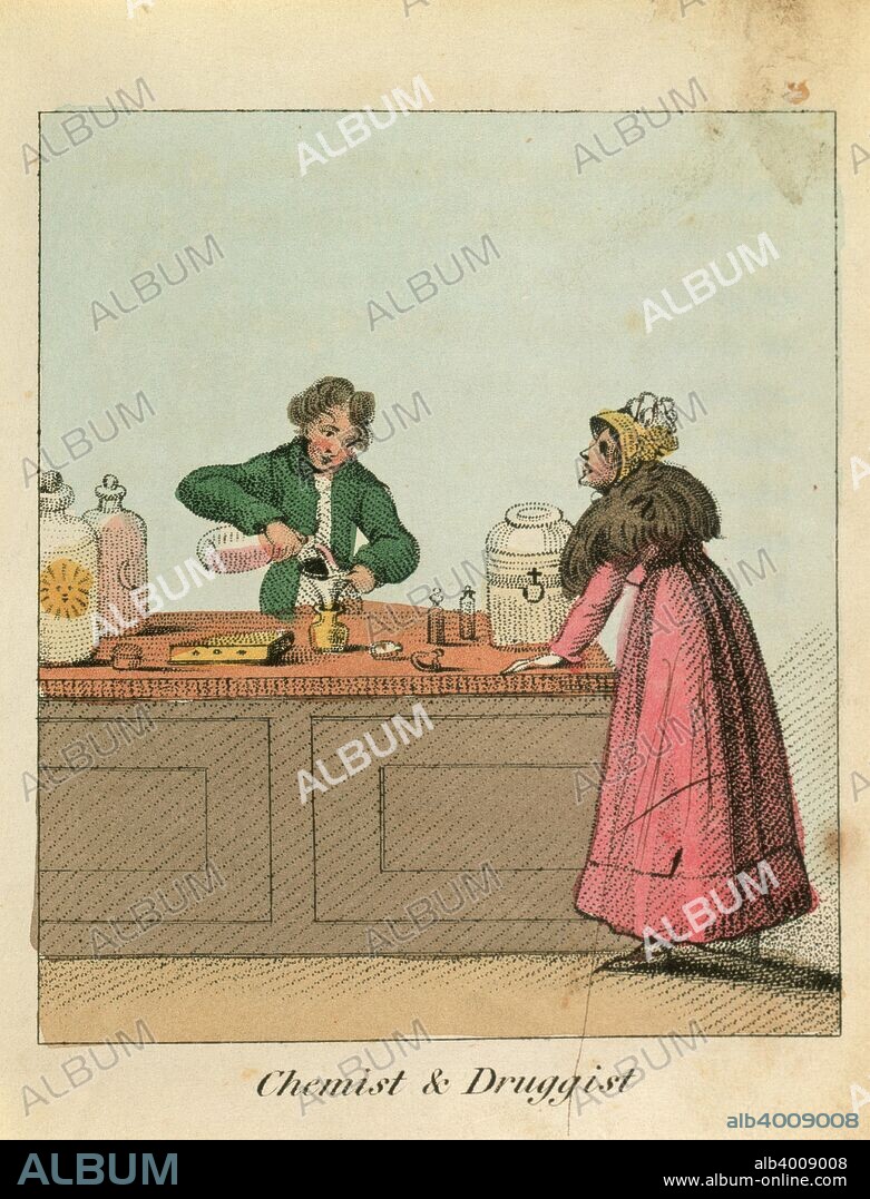 'Chemist & Druggist', 1818. A pharmacist mixes medicine while his female customer leans forward impatiently. From A Visit to the Bazaar by John Harris.