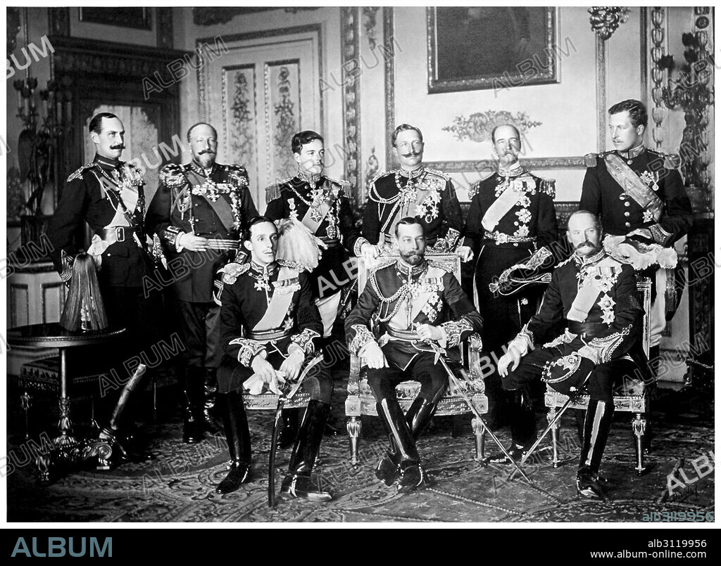 Photograph of the nine European Monarch at attendance of King Edward VII's funeral. Standing from left to right: King Haakon VII of Norway, Tsar Ferdinand of the Bulgarians, King Manuel II of Portugal and the Algarve, Kaiser Wilhelm II of Germany and Prussia, King George I of the Hellenes and King Albert I of the Belgians. Seated, from left to right: King Alfonso XIII of Spain, King George V of the United Kingdom and King Frederick VIII of Denmark. Dated 1910.