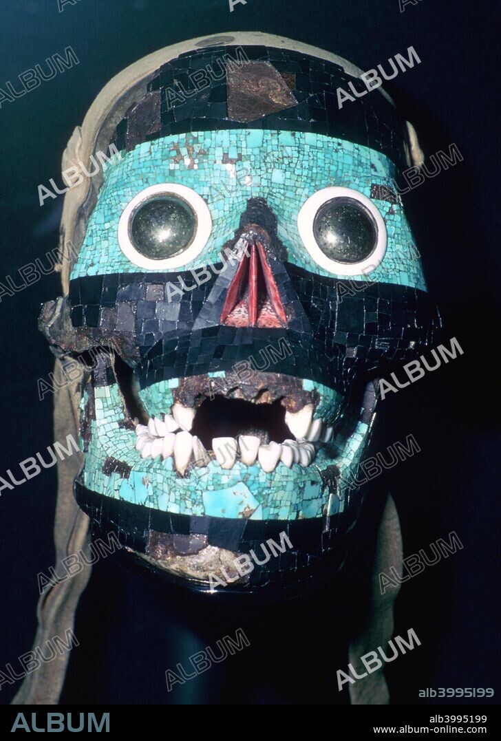 Aztec mask believed to represent Tezcatlipoca, modelled on a skull with the back cut away and lined with leather, 15th to 16th century. The jaw is hinged. From the British Museum.