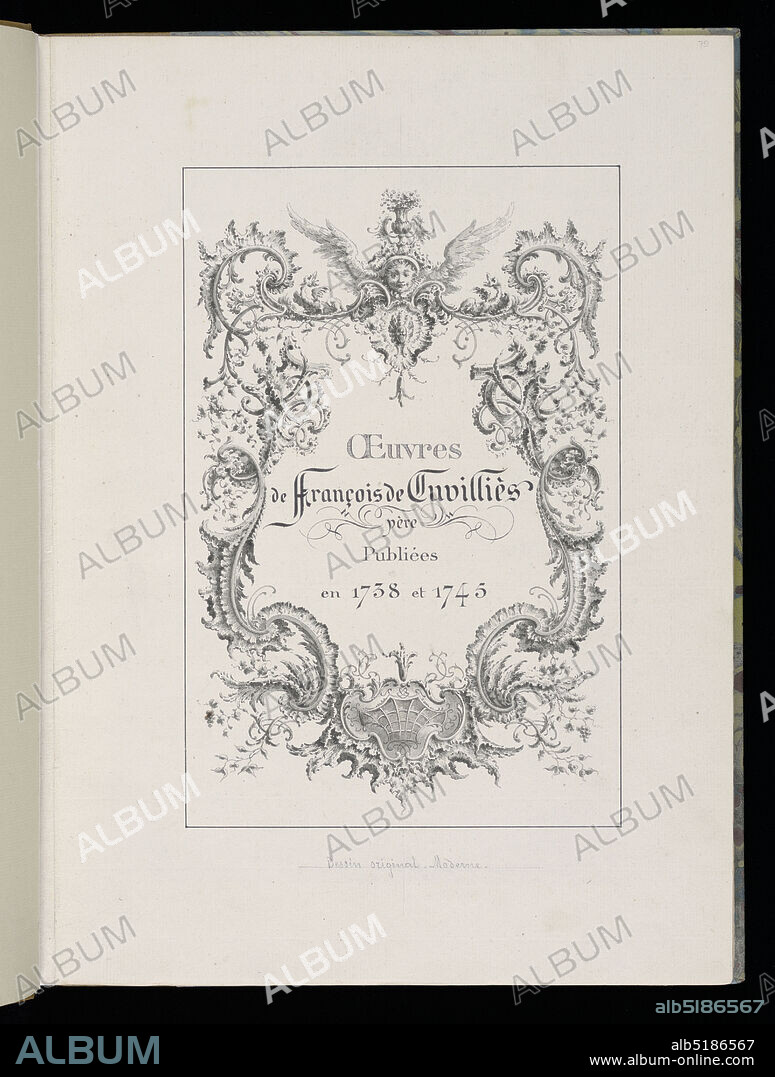 Title Page, Oeuvres de François de Cuvilliés père (Works of François de Cuvilliés the Elder), François de Cuvilliés the Elder, Belgian, active Germany, 1695 - 1768, François de Cuvilliés the Elder, Belgian, active Germany, 1695 - 1768, Pen and ink, brush and wash on off-white laid paper, Within rectangular framing lines, a cartouche in Rococo style with mask and urn at top, the title text inscribed within., Munich, Germany, after 1745, albums (bound) & books, Drawing, Drawing.