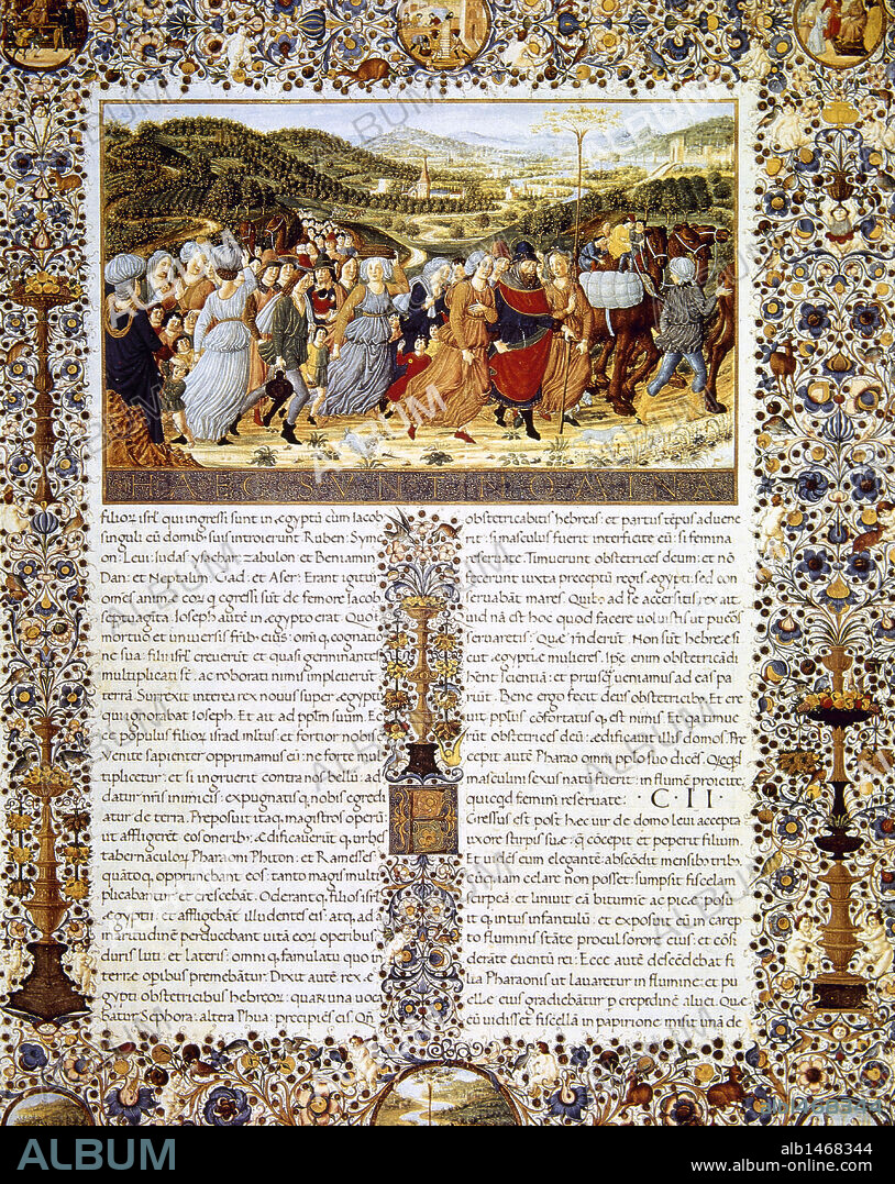 "EL PUEBLO DE ISRAEL PARTIENDO DE EGIPTO, TRAS SER LIBERADOS DE LA ESCLAVITUD POR MOISES". Biblia "Urbinate". Folio 27r. (1476-1478). Biblioteca Apostólica Vaticana. Ciudad del Vaticano.