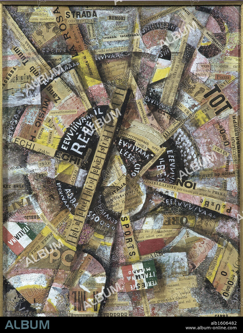 CARLO CARRÀ. Interventionist Manifesto-Free Word Painting by Carlo Carra, Collage, 1914, 1881-1966, Italy, Milan, Private Collection.