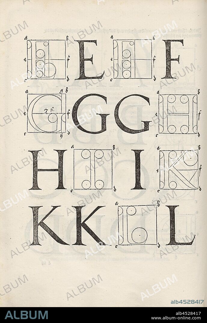 Majuscule E, G, H, I, K and L, Construction of the letters E, G, H, I, K and L from Dürer's serif typeface, F. 65r, p. 133, Dürer, Albrecht, 1525, Albrecht Dürer: Underweysung der Messung, mit dem Zirckel und Richtscheyt, in Linien ebnen unnd gantzen Corporen. [Nürnberg], [s. n.], [1525.].