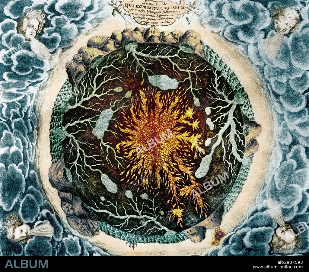 Illustration by Athanasius Kircher from his 1664 book Mundus Subterraneus. It depicts a section of the earth with a great fire at its center, which communicates with many smaller bodies of fire; also many caverns within the earth filled with water; volcanoes, fumaroles and hot springs are also included. Kircher (1601-1680) was a German Jesuit scholar who published around 40 works ranging in subject matter from oriental studies to geology to medicine.