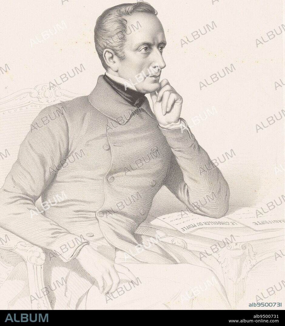 Portrait of the poet Alphonse de Lamartine, Marie Alexandre Alophe, 1848, print maker: Marie Alexandre Alophe, (mentioned on object), printer: François Louis Cattier, (mentioned on object), publisher: Vibert & Cie. Goupil, (mentioned on object), print maker: Paris, printer: Paris, publisher: Paris, publisher: London, 1848, paper, h 448 mm × w 375 mm.